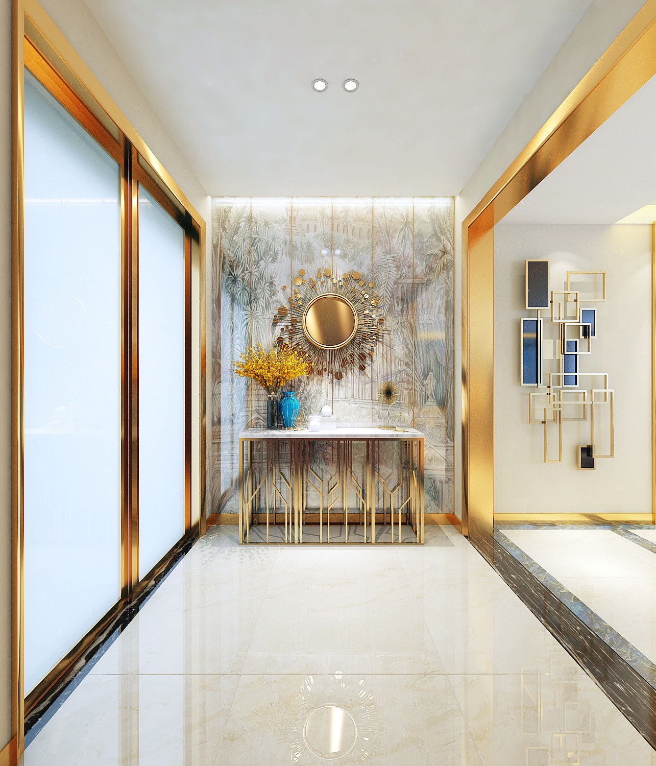 這個(gè)是在入戶門(mén)的玄關(guān)展示 對(duì)面陽(yáng)臺(tái)的落地玻璃窗,整體線條是金屬_裝修美圖-新浪家居